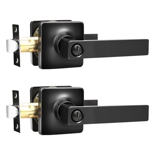 GOBEKOR Matte Black Door Handles with Lock, Modern Square Keyless Privacy Door Levers for Bedroom Bathroom, 2 Pack - Image 1