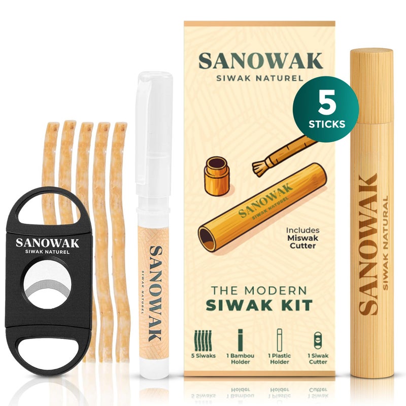 Miswak Set | Natural Siwak Kit with 5 Organic Sticks, Wooden & Plastic Holder, Miswak Cutter | Traditional Oral Care | Eco-Friendly Travel Pack | Sunnah Inspired Dental Kit