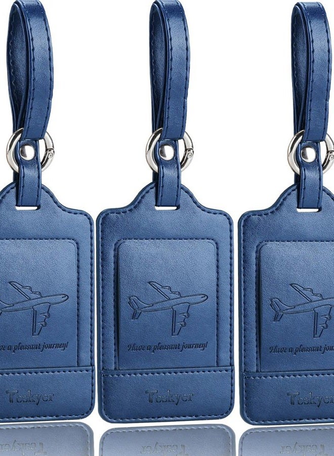 Teskyer 3 Pack Luggage Tags - Quick Install, Privacy Protection, Airplane Travel Essentials for Suitcases, Durable Leather, Blue, 3 Pack, Privacy Protection - Image 1