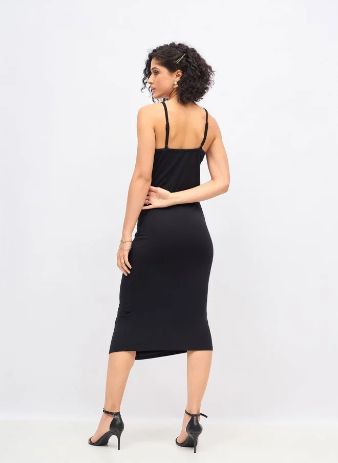 SASSAFRAS Black Ruched Bodycon Midi Dress for Women