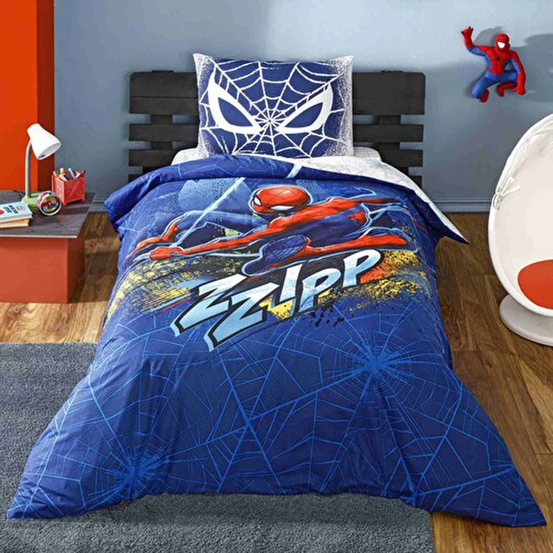 Guntack Taç Spider Man Blue City Cotton Single Duvet Cover Set