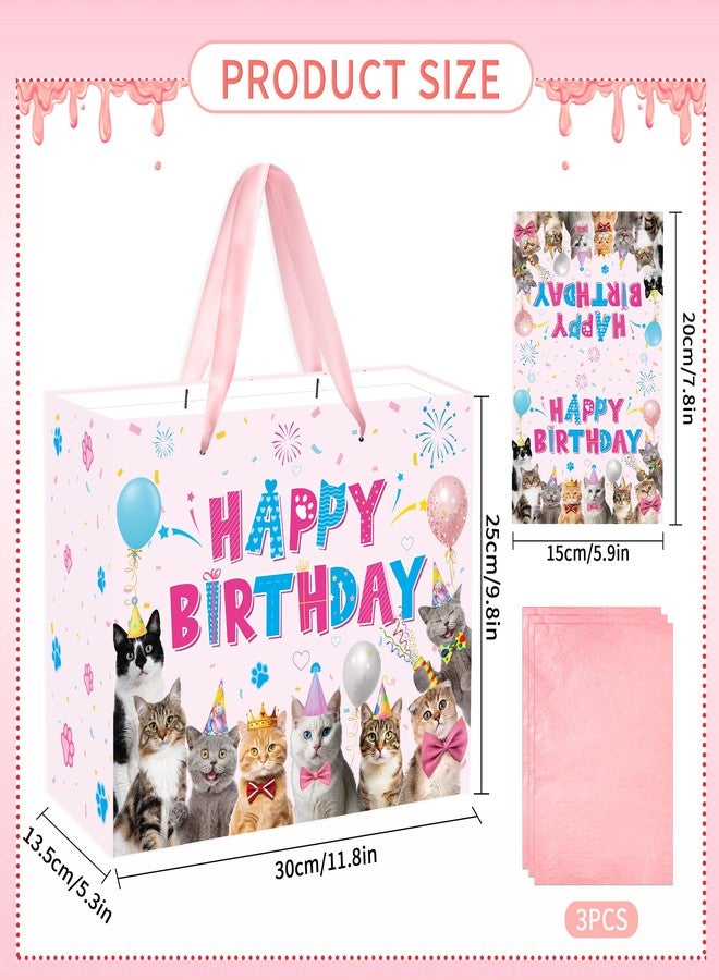 EoBeCy Cat Birthday Gift Bags with Handles, Tissue Paper and Greeting Card, Cute Cat Wrapping Paper for Girls Kids Teens Pet Theme Birthday Party Decorations and Supplies - Image 3