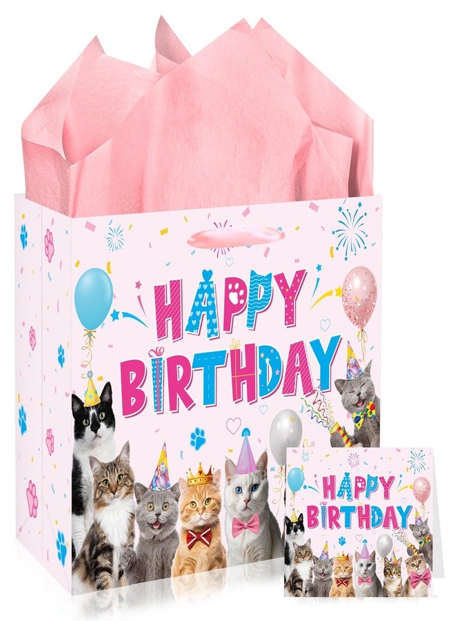 EoBeCy Cat Birthday Gift Bags with Handles, Tissue Paper and Greeting Card, Cute Cat Wrapping Paper for Girls Kids Teens Pet Theme Birthday Party Decorations and Supplies - Image 1