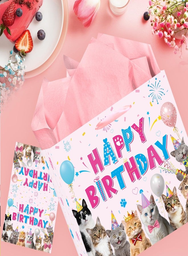 EoBeCy Cat Birthday Gift Bags with Handles, Tissue Paper and Greeting Card, Cute Cat Wrapping Paper for Girls Kids Teens Pet Theme Birthday Party Decorations and Supplies - Image 2