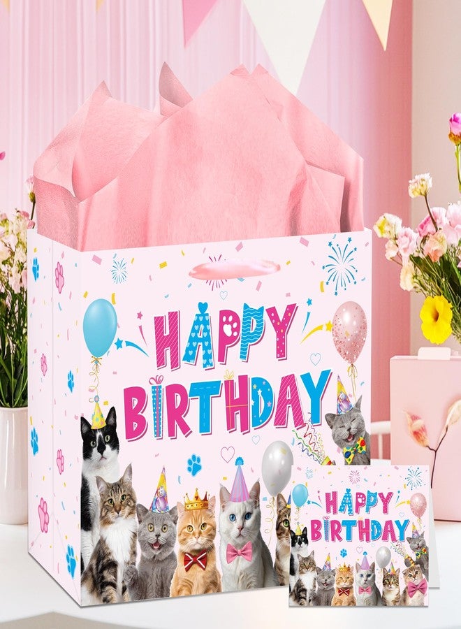 EoBeCy Cat Birthday Gift Bags with Handles, Tissue Paper and Greeting Card, Cute Cat Wrapping Paper for Girls Kids Teens Pet Theme Birthday Party Decorations and Supplies - Image 5