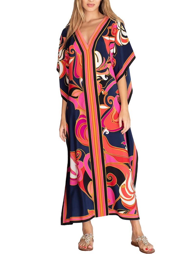Eddoyee Kaftan Dresses for Women Batwing Sleeve Caftans Plus Size V Neck Beach Cover Up - Image 1