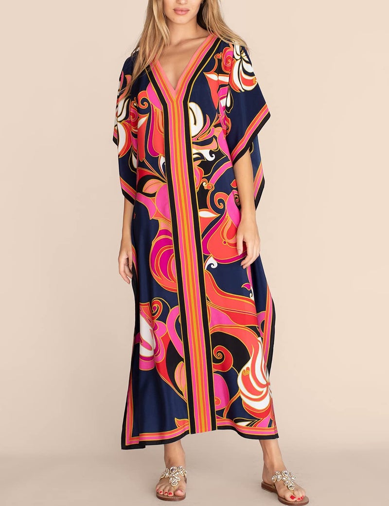Eddoyee Kaftan Dresses for Women Batwing Sleeve Caftans Plus Size V Neck Beach Cover Up - Image 4