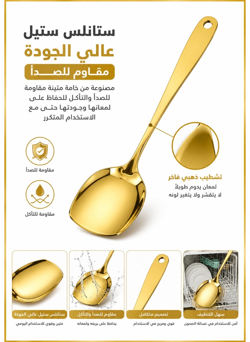 هابي هوم ملعقة تقديم كبيرة بيد بيضاوية من الستانلس ستيل المقاوم للصدأ مقاس 26 × 6 سم – ملعقة غرف متعددة الاستخدامات لتقديم الأرز، المكرونة، الخضروات، السلطات، اللحوم، الدجاج، الأسماك، المأكولات البحرية، الشوربة السميكة، اليخنات، الحلويات، البوفيهات والعزومات – تصميم فاخر بلمسة ذهبية أنيقة ومقبض مريح للاستخدام المنزلي والمطاعم والفنادق -ذهبي - Image 3