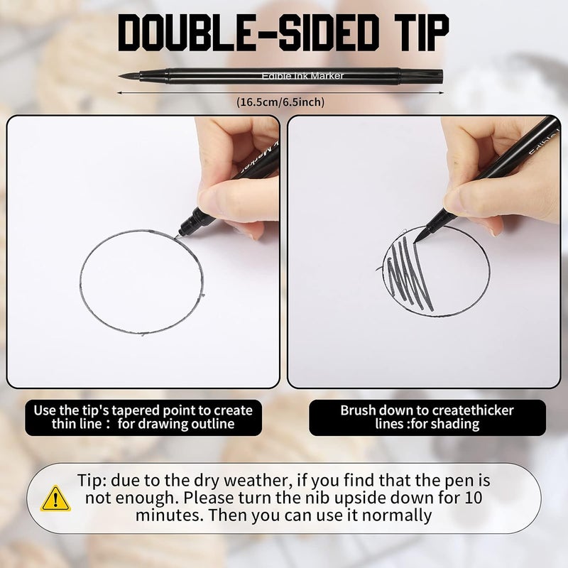 klarako 6 Pieces Fine Tip Edible Markers for Cookie Decorating Double Sided Edible Pens Cake Paint Double Sided Writer Thick Fine Tip for Painting (Black) - Image 2