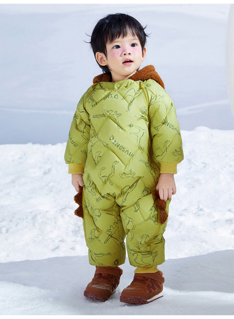mini bala Unisex Children's Adorable Dinosaur-themed Puffer Jumpsuit, Warm, Cozy, Hood with Plush Details, Ribbed Cuffs, Winter Casual Outdoor Kids' Snowsuit - Image 2