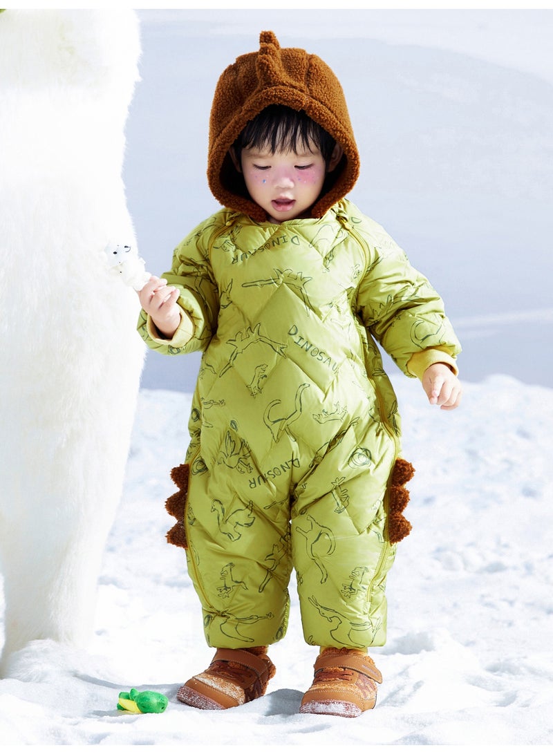 mini bala Unisex Children's Adorable Dinosaur-themed Puffer Jumpsuit, Warm, Cozy, Hood with Plush Details, Ribbed Cuffs, Winter Casual Outdoor Kids' Snowsuit - Image 1