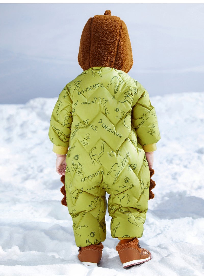 mini bala Unisex Children's Adorable Dinosaur-themed Puffer Jumpsuit, Warm, Cozy, Hood with Plush Details, Ribbed Cuffs, Winter Casual Outdoor Kids' Snowsuit - Image 3