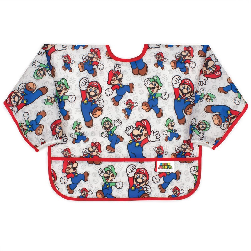 Bumkins Bibs, Baby and Toddler Girls and Boys 6-24 Months, Long Sleeve, Essential Must Have for Eating, Feeding, Mess Saving Lightweight Waterproof Fabric Sleeved Smock, Nintendo Mario and Luigi - Image 1