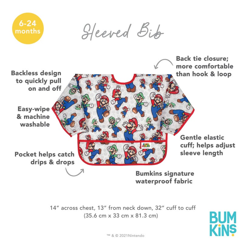 Bumkins Bibs, Baby and Toddler Girls and Boys 6-24 Months, Long Sleeve, Essential Must Have for Eating, Feeding, Mess Saving Lightweight Waterproof Fabric Sleeved Smock, Nintendo Mario and Luigi - Image 5