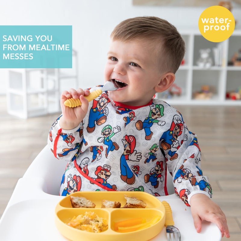 Bumkins Bibs, Baby and Toddler Girls and Boys 6-24 Months, Long Sleeve, Essential Must Have for Eating, Feeding, Mess Saving Lightweight Waterproof Fabric Sleeved Smock, Nintendo Mario and Luigi - Image 2