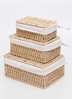 Cozy Nest Woven Weaving Storage Basket Set of 3 with Cover, Eco-Friendly & Durable Decorative Bins, Rectangular Fabric Baskets for Home Organization, Stylish Macrame Sundries Storage, Paper Rope Design  - Image 1