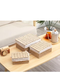 Cozy Nest Woven Weaving Storage Basket Set of 3 with Cover, Eco-Friendly & Durable Decorative Bins, Rectangular Fabric Baskets for Home Organization, Stylish Macrame Sundries Storage, Paper Rope Design  - Image 3