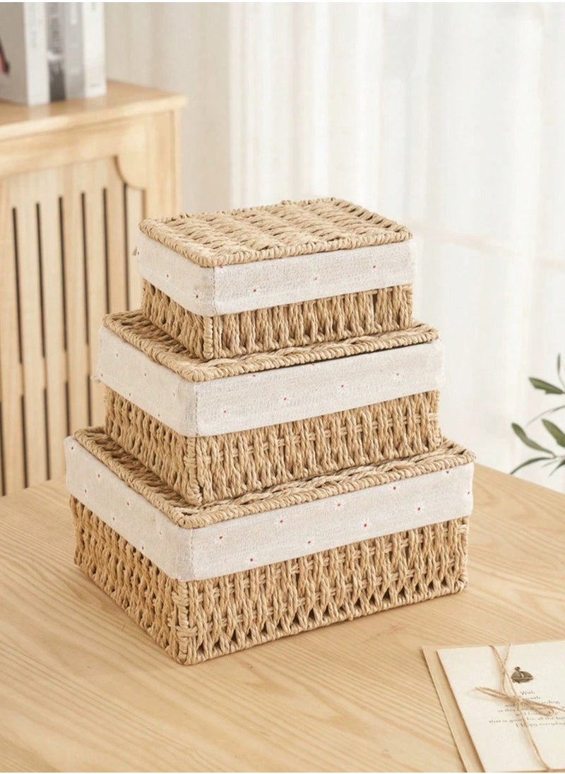Cozy Nest - Woven Weaving Storage Basket Set of 3 with Cover, Eco-Friendly & Durable Decorative Bins, Rectangular Fabric Baskets for Home Organization, Stylish Macrame Sundries Storage, Paper Rope Design - Image 1