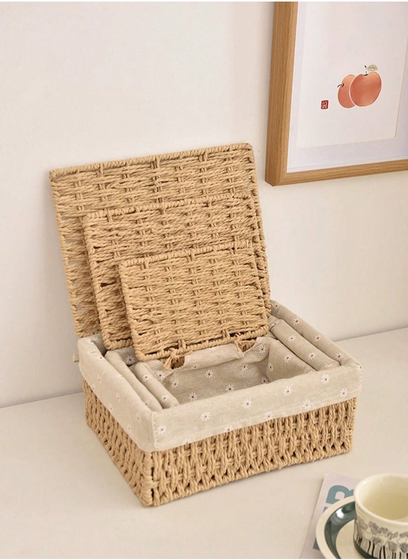 Cozy Nest - Woven Weaving Storage Basket Set of 3 with Cover, Eco-Friendly & Durable Decorative Bins, Rectangular Fabric Baskets for Home Organization, Stylish Macrame Sundries Storage, Paper Rope Design - Image 1