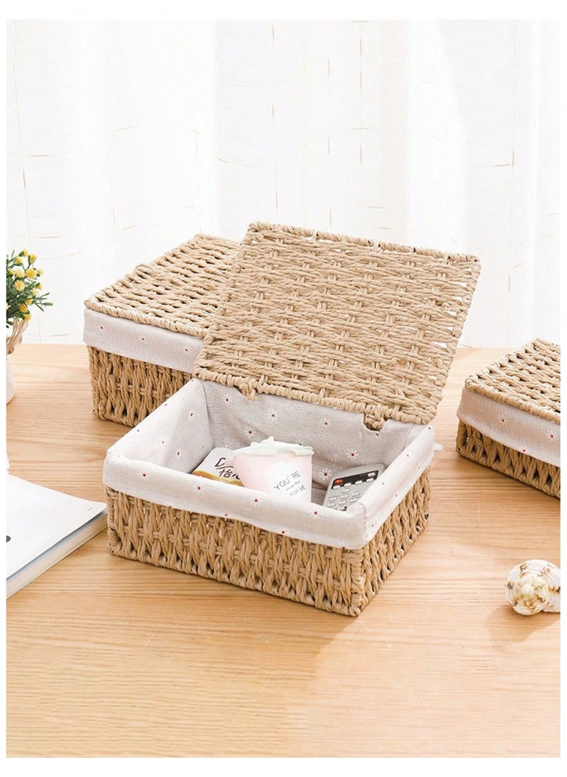 Cozy Nest - Woven Weaving Storage Basket Set of 3 with Cover, Eco-Friendly & Durable Decorative Bins, Rectangular Fabric Baskets for Home Organization, Stylish Macrame Sundries Storage, Paper Rope Design - Image 1