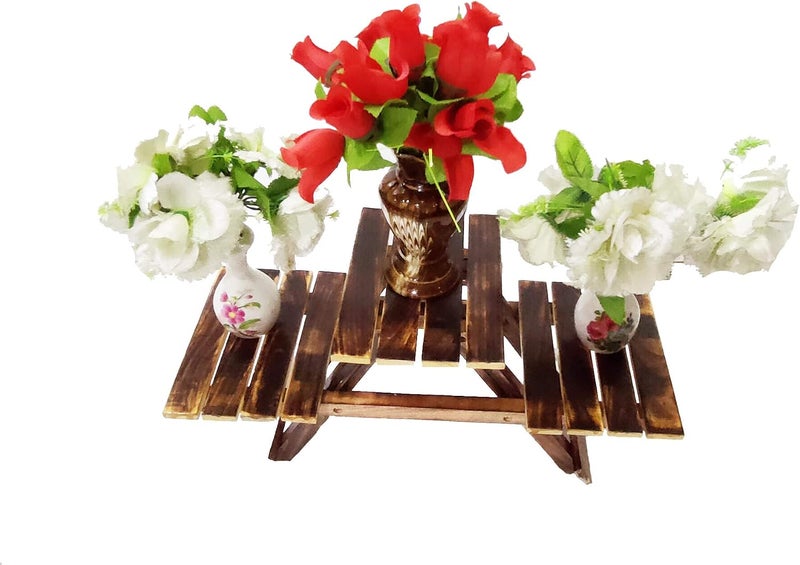 DECORVAIZ حامل خشبي عتيق متعدد الأغراض قابل للطي من SZ Crafts / حامل نباتات مع 3 أرفف / حامل جانبي لغرفة المعيشة / كرسي خشبي / حامل أواني الزهور / حامل مزهرية / حامل نباتات للحديقة والهواء ا��طلق - Image 4