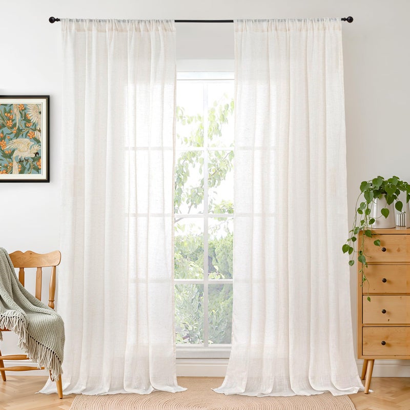 BGment Linen Semi Sheer Curtains 84 Inches Long 2 Panels Set for Living Room - Ivory Light Filtering Drapes with Rod Pocket Textured Lightweight Window Treatments for Bedroom, 52 X 84 Inch - Image 1