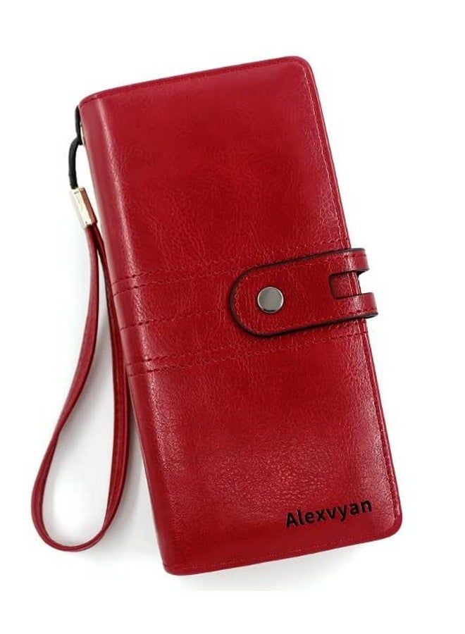 Alexvyan محفظة أليكسفيان طويلة قابلة للطي بسحاب للنساء والفتيات بسعة كبيرة من جلد PU (أحمر) - Image 1