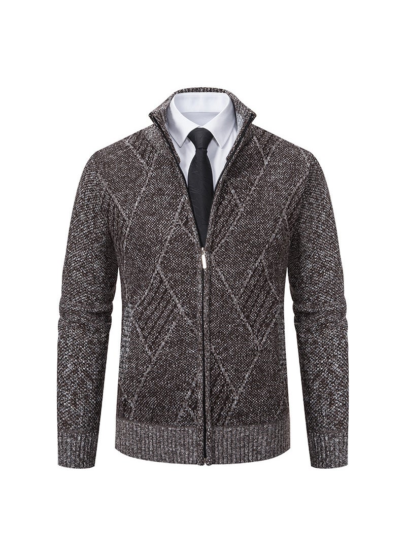Generic Casual Mens Fashionable Knit Jacket Zipper Sweater Trendy Jacket Youth Style Collarless Pullover Sweater Brown  - Image 1