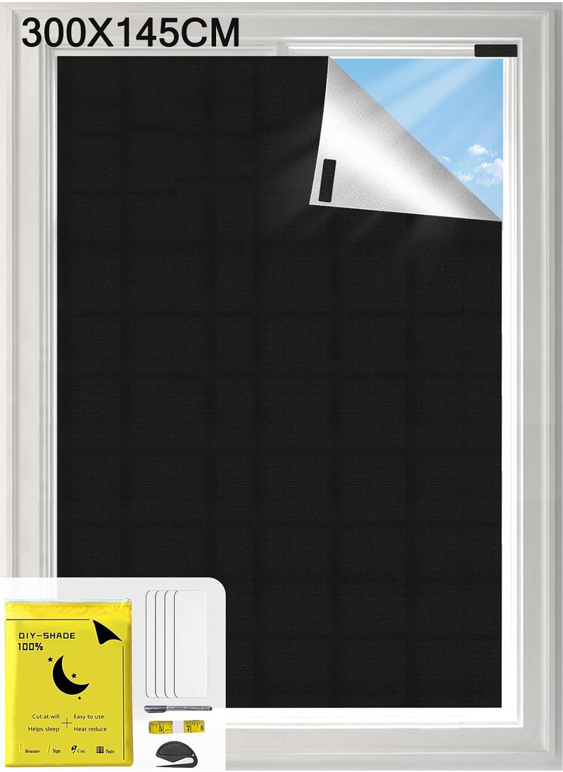 Uwals Blackout Blind 145 x 300cm 420D Black Out Fabric Portable Blackout Blinds Easy Stick On Window for Home Office Nursery Bedroom Car No Drill Travel Blackout Blind  - Image 1