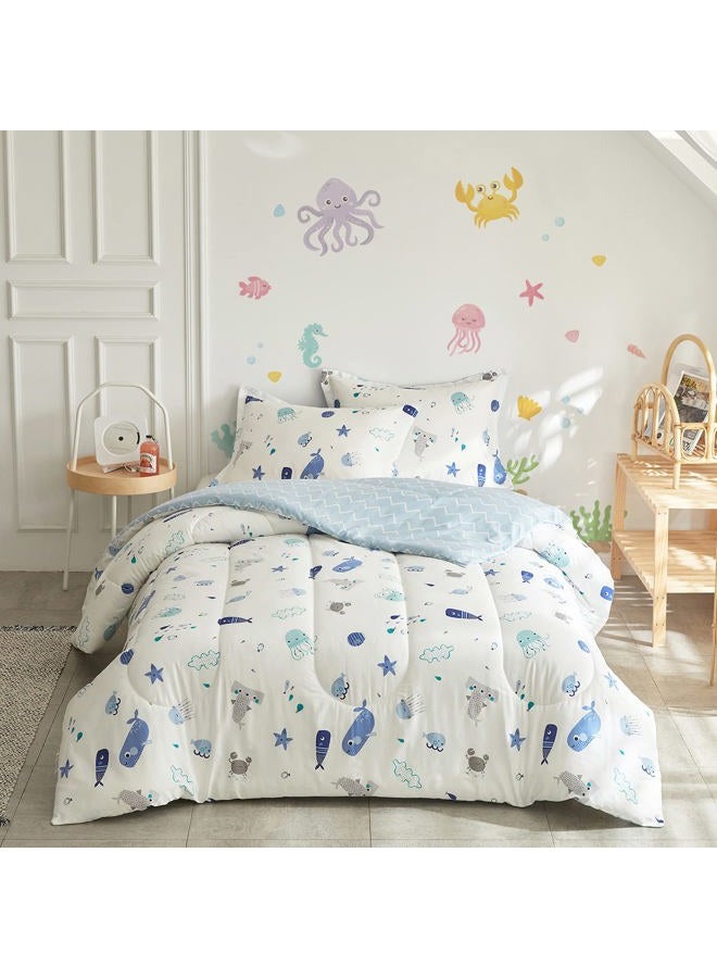 Joyreap 3pcs Premium Cotton Comforter Set for Kids Boys n Girls, Vibrant Ocean Theme Starfish Whale Crab Printed, Skin-Friendly Breathable Bedding Comforter for All Season (Full/Queen, 88x88 inches) - Image 1