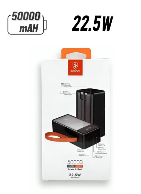 50000mAh Power Bank with 2 Built-in Cables and 22.5W Hanging Cord and Display Screen