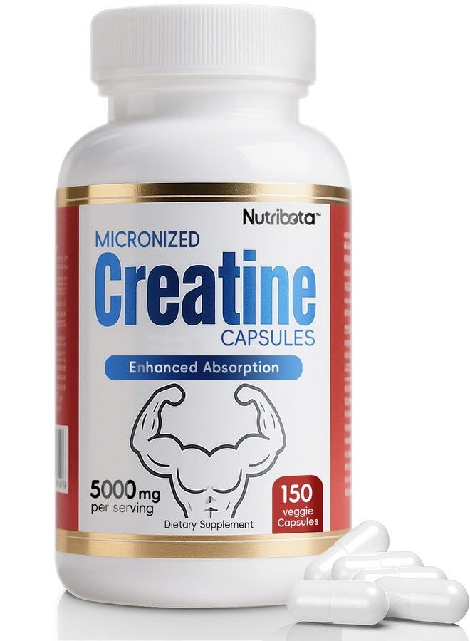 Nutribota كبسولات نيوتريبوتا ميكرونايزد كرياتين مونوهيدرات - 5000 ملغ لكل جرعة مع فيتامين ب12 للنساء والرجال - سهلة البلع، نباتية، خالية من الغلوتين، 150 كبسولة - Image 1