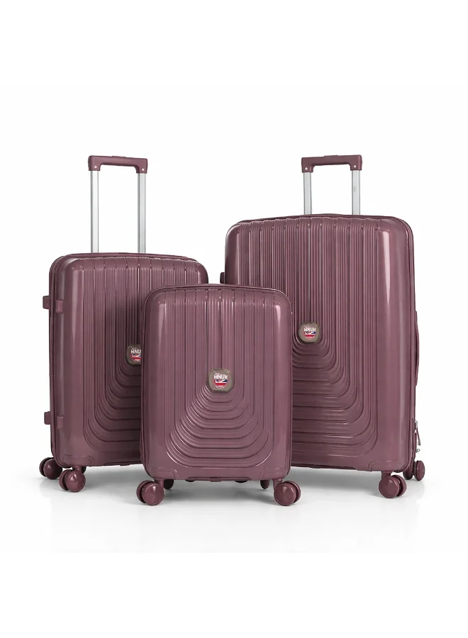 MNUK Viajero Stra Ordinario Set of 3 Luggage|Polypropylene (PP) Hardside Luggage Trolley|Double 360° 4 Wheeler| Cabin-20 Inch, Medium- 24 Inch, Large-28 Inch| Purple