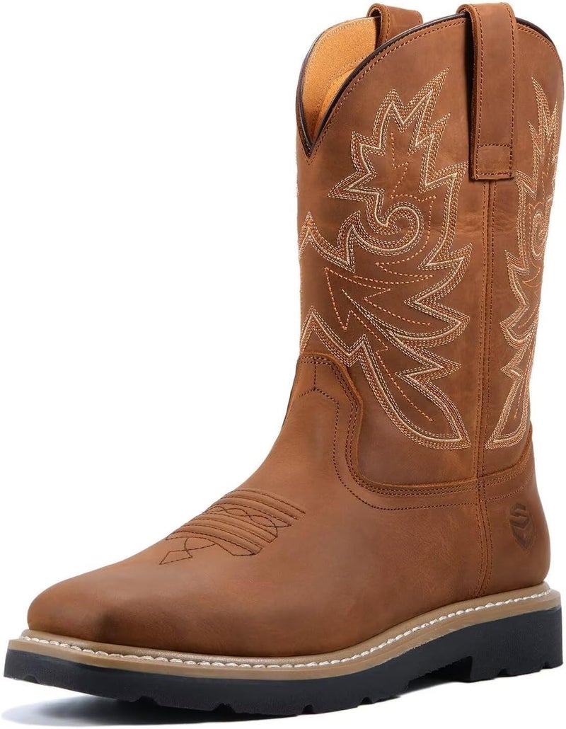 SUREWAY Mens Western Square Toe Cowboy Boots for Men,Soft/Steel Toe Full Grain Leather Slip On Pull On Work Boots for Construction Farming,Waterproof Soft Toe Brown,Size 10 - Image 1