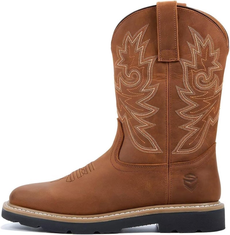 SUREWAY Mens Western Square Toe Cowboy Boots for Men,Soft/Steel Toe Full Grain Leather Slip On Pull On Work Boots for Construction Farming,Waterproof Soft Toe Brown,Size 10 - Image 4