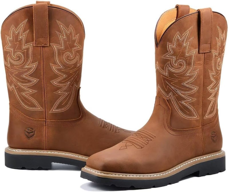 SUREWAY Mens Western Square Toe Cowboy Boots for Men,Soft/Steel Toe Full Grain Leather Slip On Pull On Work Boots for Construction Farming,Waterproof Soft Toe Brown,Size 10 - Image 5