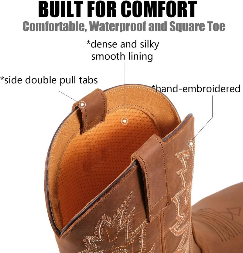 SUREWAY Mens Western Square Toe Cowboy Boots for Men,Soft/Steel Toe Full Grain Leather Slip On Pull On Work Boots for Construction Farming,Waterproof Soft Toe Brown,Size 10 - Image 3