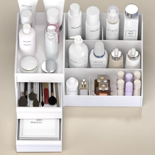 Qshare Cosmetic Organizer Box of Plastic with 2-Drawer & Compartments - Cosmetic Organizer Plastic Box for Women & Perfect for Home and Office, Use For Countertop Cosmetics Display Case Holder (White) - Image 5