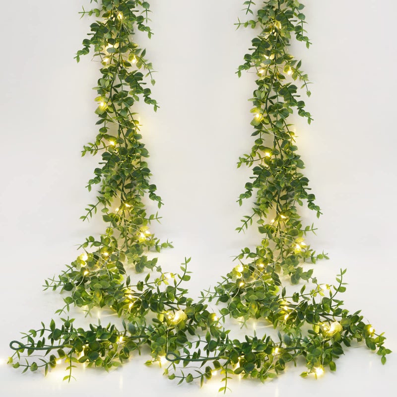 Dolicer 2 Packs Eucalyptus Garland with LED Lights String  12Ft Faux Eucalyptus Greenery Garland  Artificial Hanging Green Eucalyptus Leaves Vine Wedding Backdrop Arch Wall Table Decor (Grey Green) - Image 1