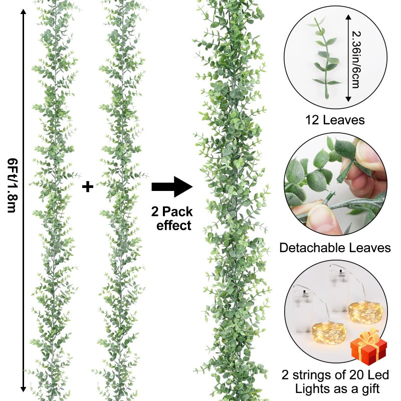 Dolicer 2 Packs Eucalyptus Garland with LED Lights String  12Ft Faux Eucalyptus Greenery Garland  Artificial Hanging Green Eucalyptus Leaves Vine Wedding Backdrop Arch Wall Table Decor (Grey Green) - Image 4