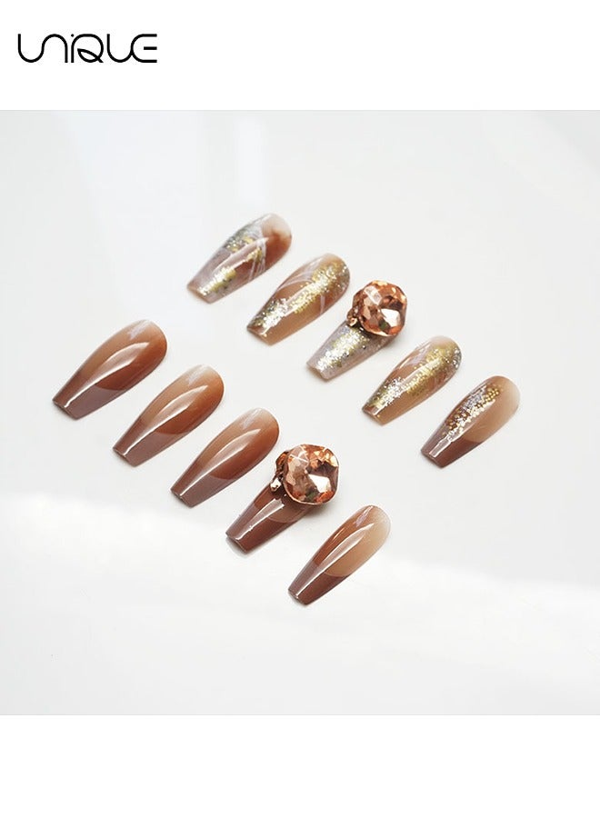 24Pcs Fake Nails, Press Nails, Mid-length Ballet Manicure - Big Diamond Khaki Gilt Manicure - Coffee Brown Gold Foil Shiny Manicure - Fake Nail Patch