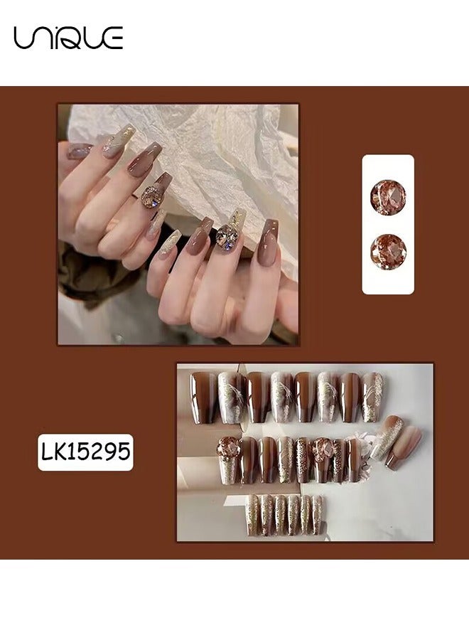 24Pcs Fake Nails, Press Nails, Mid-length Ballet Manicure - Big Diamond Khaki Gilt Manicure - Coffee Brown Gold Foil Shiny Manicure - Fake Nail Patch