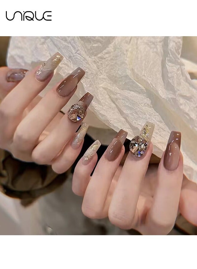 24Pcs Fake Nails, Press Nails, Mid-length Ballet Manicure - Big Diamond Khaki Gilt Manicure - Coffee Brown Gold Foil Shiny Manicure - Fake Nail Patch