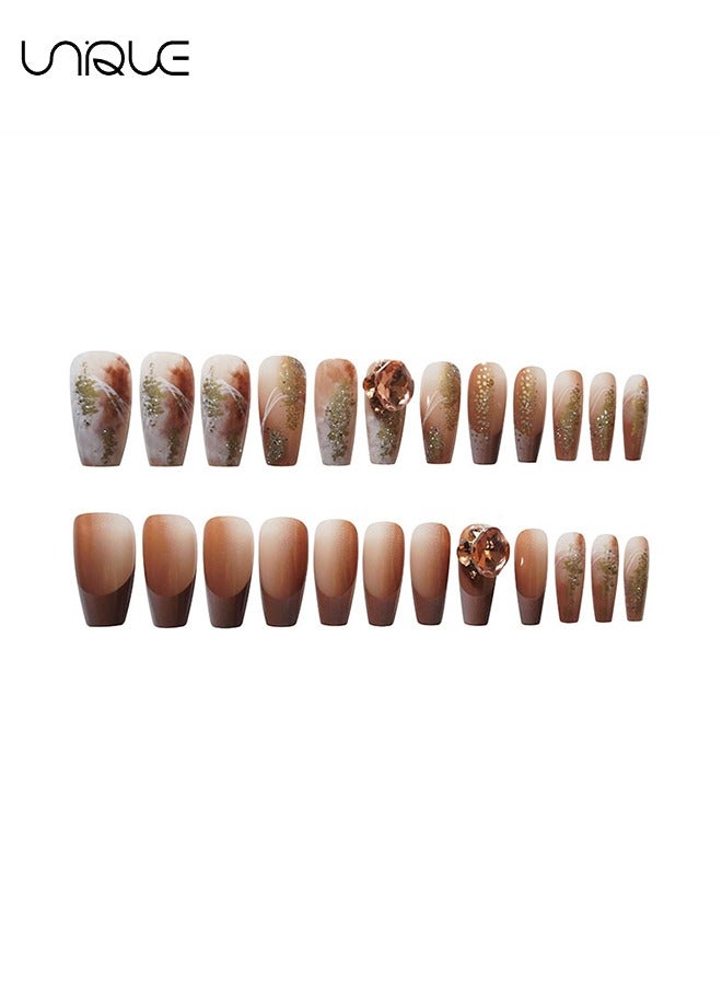 24Pcs Fake Nails, Press Nails, Mid-length Ballet Manicure - Big Diamond Khaki Gilt Manicure - Coffee Brown Gold Foil Shiny Manicure - Fake Nail Patch
