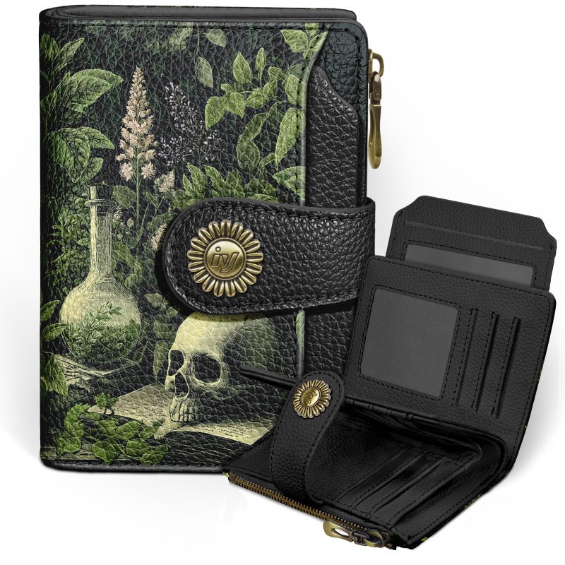 Icycay Goth Gothic Skull Small Wallet Women RFID Blocking Bifold, Credit Card Holder, Zipper Coin Pocket, Funny Witchy, Compact, Travel, PU Leather, 4 ID Window 14 Card Slots, Cash Purse, Ladies Woman - Image 1