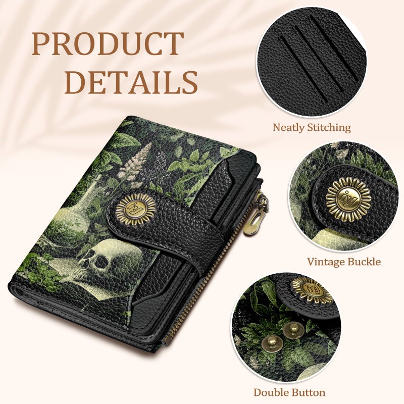 Icycay Goth Gothic Skull Small Wallet Women RFID Blocking Bifold, Credit Card Holder, Zipper Coin Pocket, Funny Witchy, Compact, Travel, PU Leather, 4 ID Window 14 Card Slots, Cash Purse, Ladies Woman - Image 5