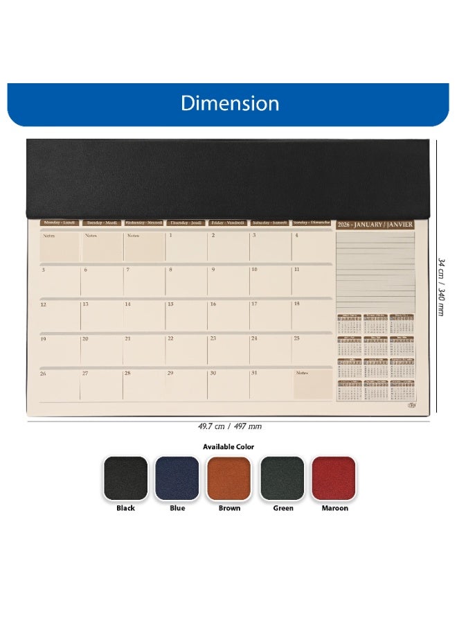 FIS مخطط السنة 2026 - لوحة مكتب من PVC مع غطاء PU إيطالي أسود، 490x340 مم، 12 ورقة شهرية، ورق عاجي، (إنجليزي/فرنسي)، مثالي للاستخدام على المكتب، ملاحظات يومية وتذكيرات - FSDKPEF26BK - Image 5