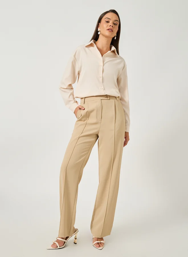 تايك تو Take Two Solid Button Front Long Sleeve Shirt