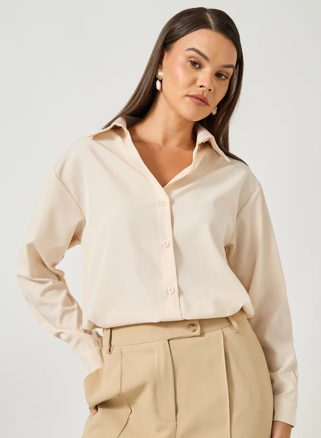 تايك تو Take Two Solid Button Front Long Sleeve Shirt