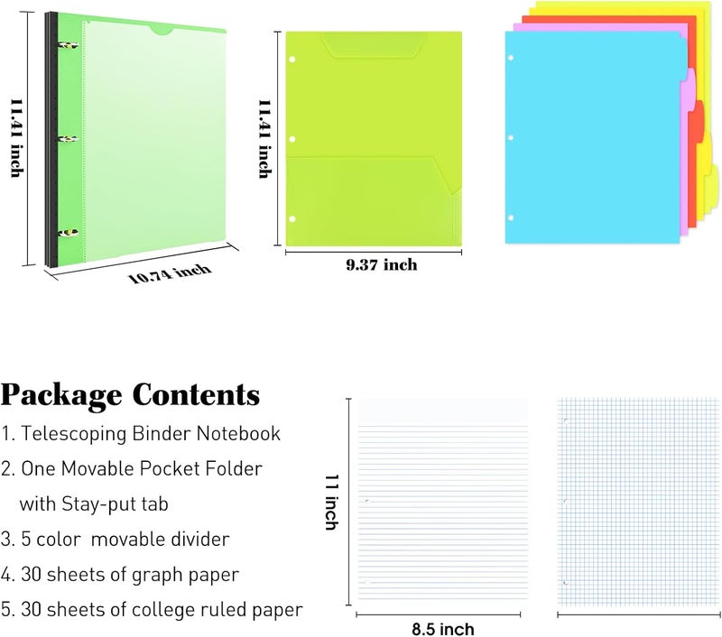 All-in-one Telescoping Binder Notebook ，Refillable 3 Ring Notebook Binder with 1 plastic movable pocket folder,5 plastic subject dividers and graph paper and college ruled paper - Green - Image 2